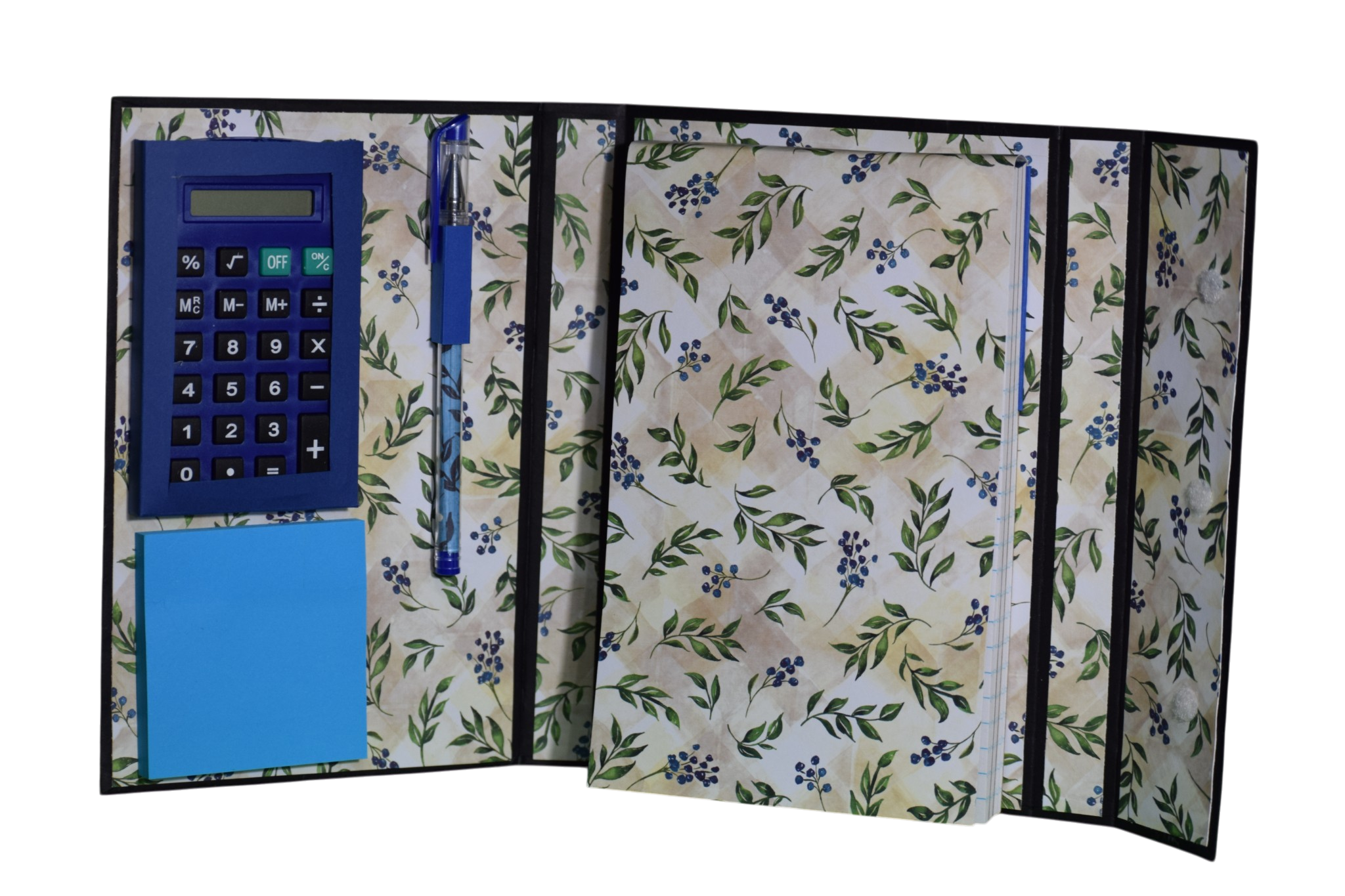 Blue with White Flowers Desk Organizer with a Calculator