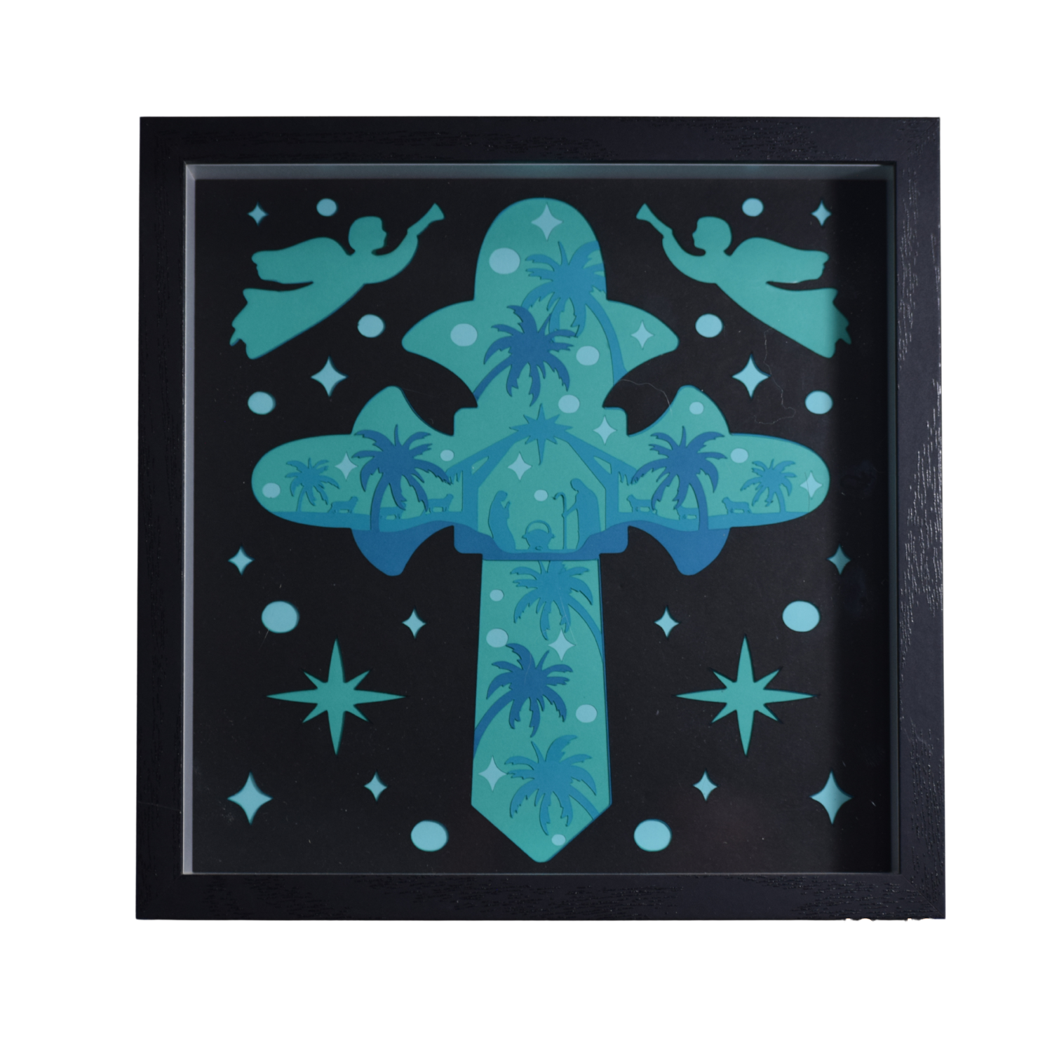 Teal Nativity Cross Shadowbox